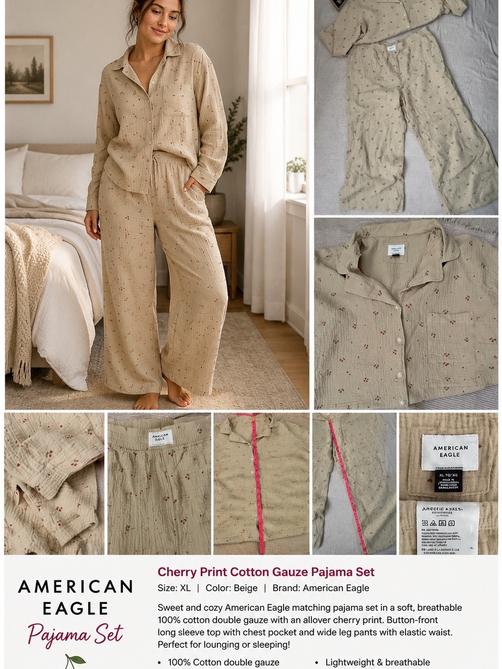 American Eagle Beige Cherry-Print Cotton Gauze Pajama/Lounging Set